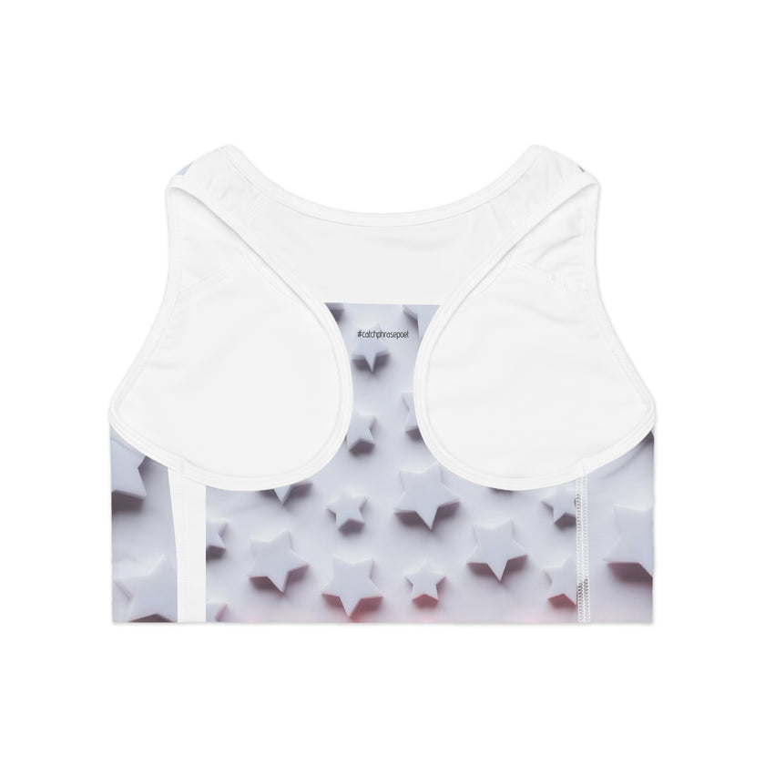 White sports bra with 3D star pattern and #catchphrasepoet text on the back