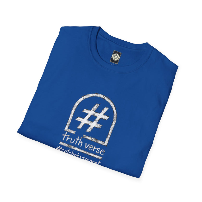Folded blue t-shirt with white hashtag tombstone graphic and 'truth verse' text