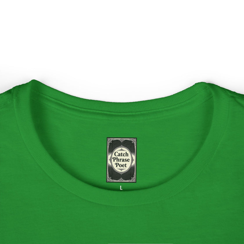 Green crew neck shirt with 'Catch Phrase Poet' label, size large, close-up view