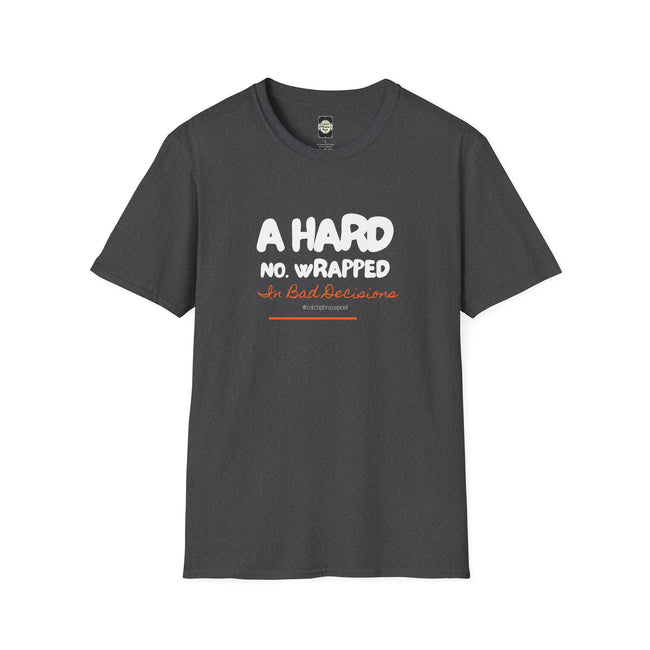 Dark grey t-shirt with white and orange motivational text graphic, casual unisex design