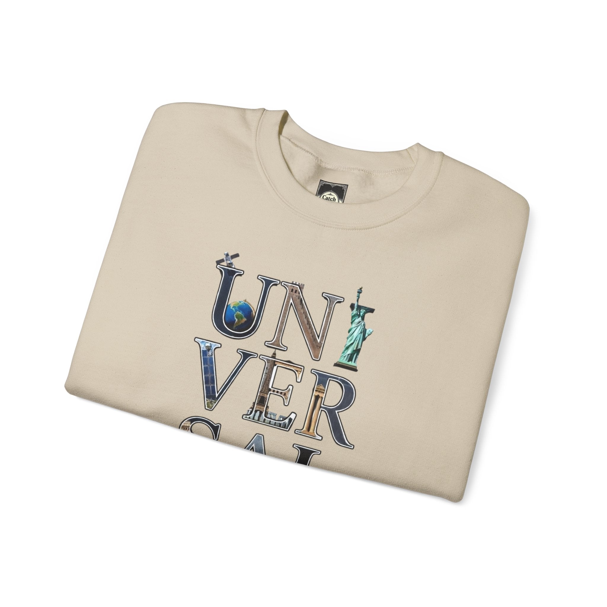 Beige crewneck sweatshirt with 'UNIVERSAL' text and global landmarks graphic print