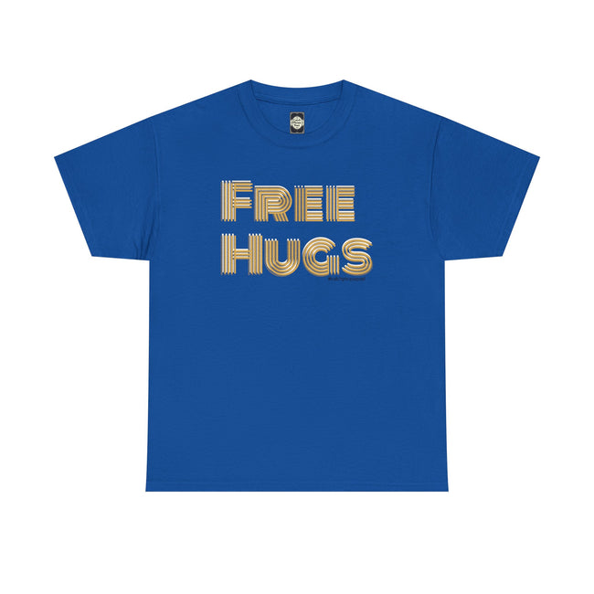 Free Hugs Tee | Retro Gold Stripe Text, Casual Comfort Shirt Smile Everyone