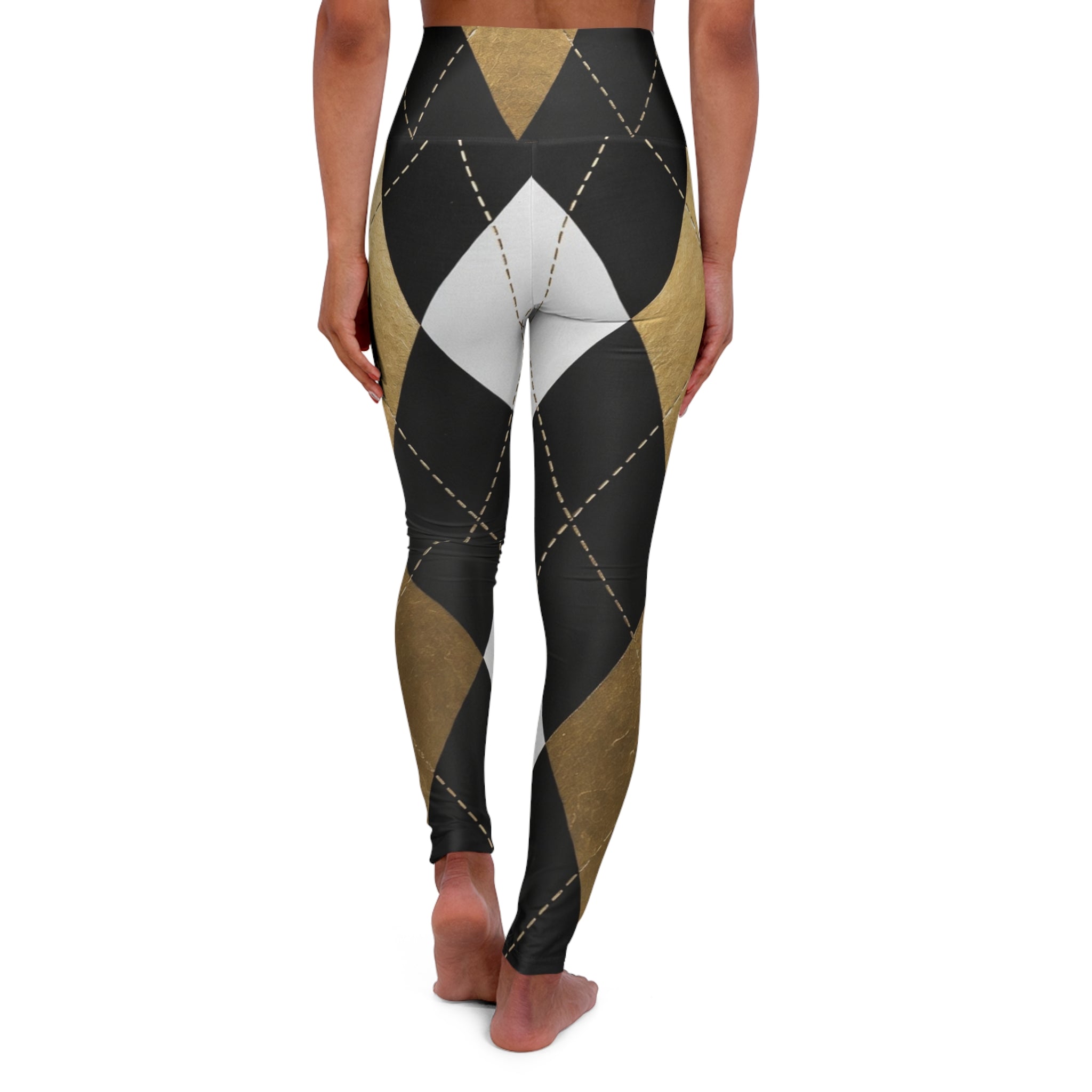 Woman wearing black, gold, and white argyle patterned leggings, back view, barefoot