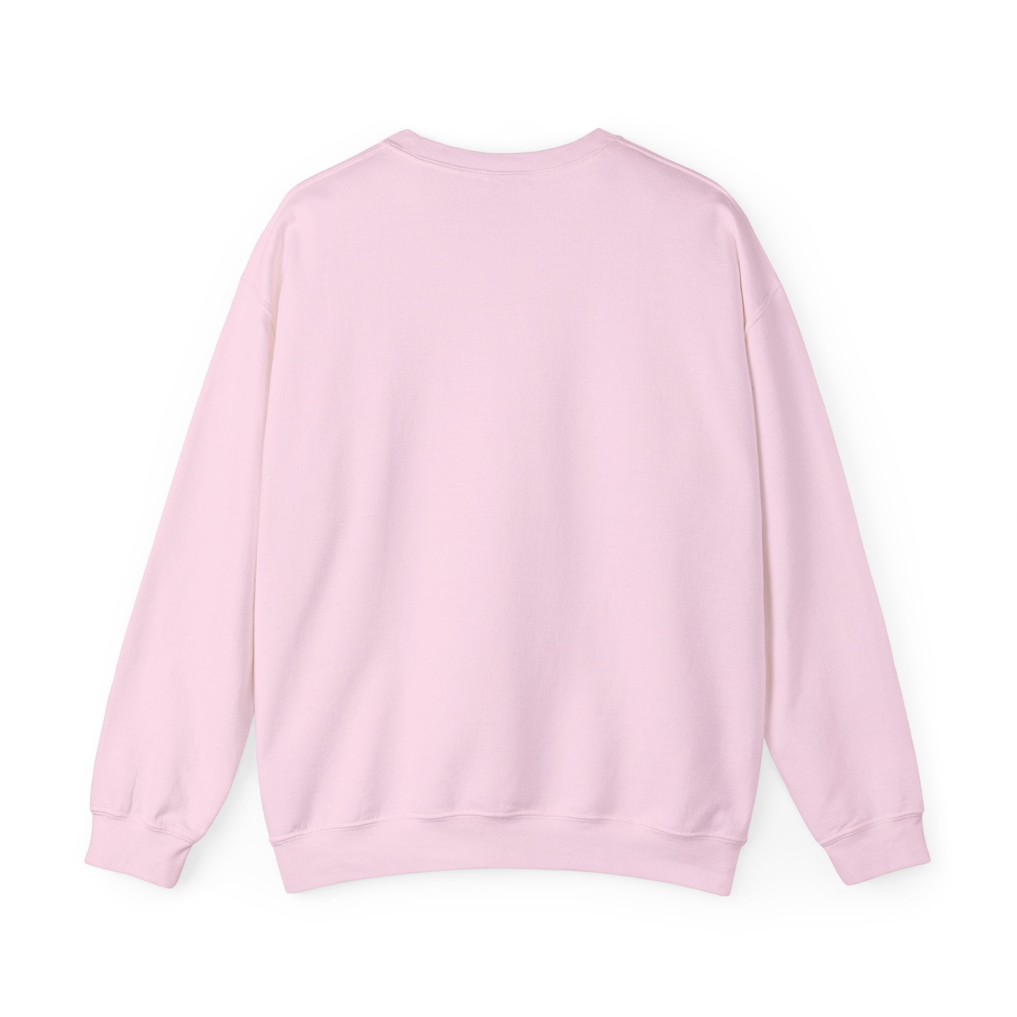 Back view of a plain light pink crewneck sweatshirt with long sleeves.