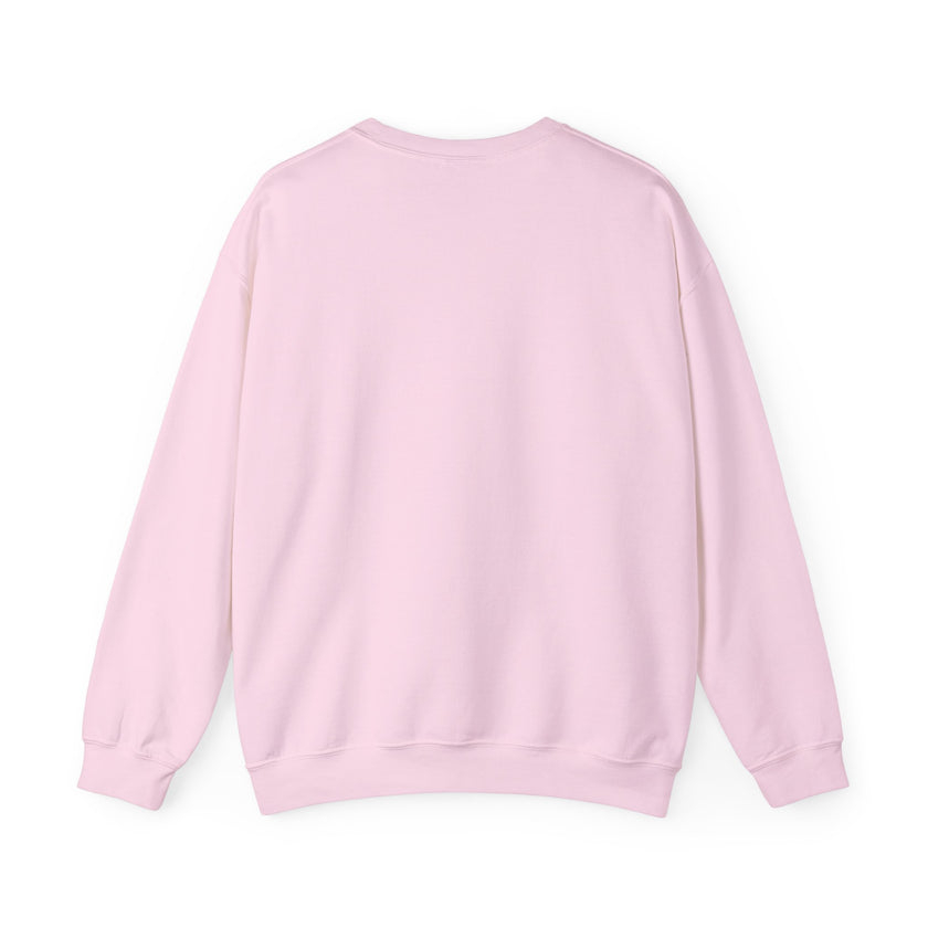 Back view of a plain light pink crewneck sweatshirt with long sleeves.