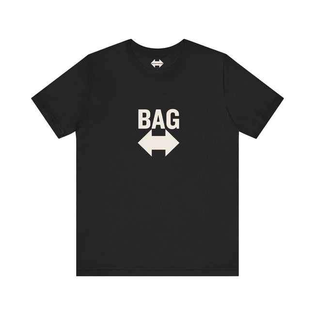 'Get Your Bag — It's Over There' arrow graphic tee, front view — Catch Phrase Poet
