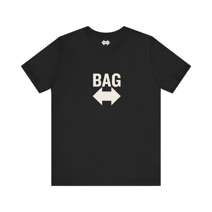 'Get Your Bag — It's Over There' arrow graphic tee, front view — Catch Phrase Poet