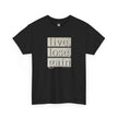Black t-shirt with bold text 'live, lose, gain' in cream block letters, inspirational apparel