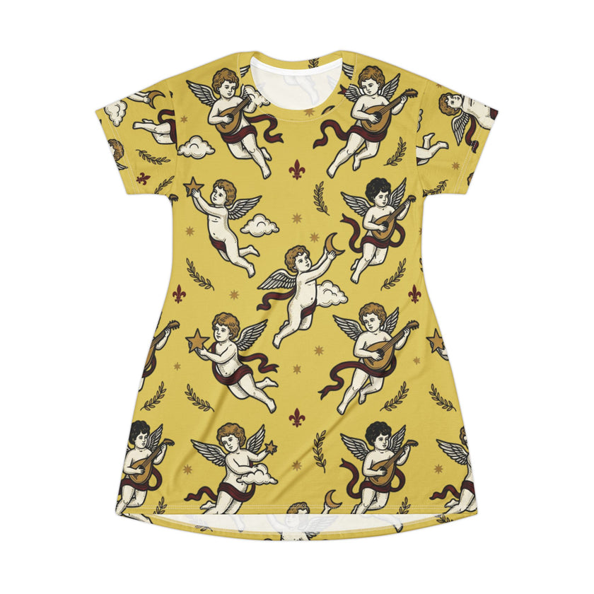 Cherub Print Women's T‑Shirt Dress — Vintage Angel Pattern