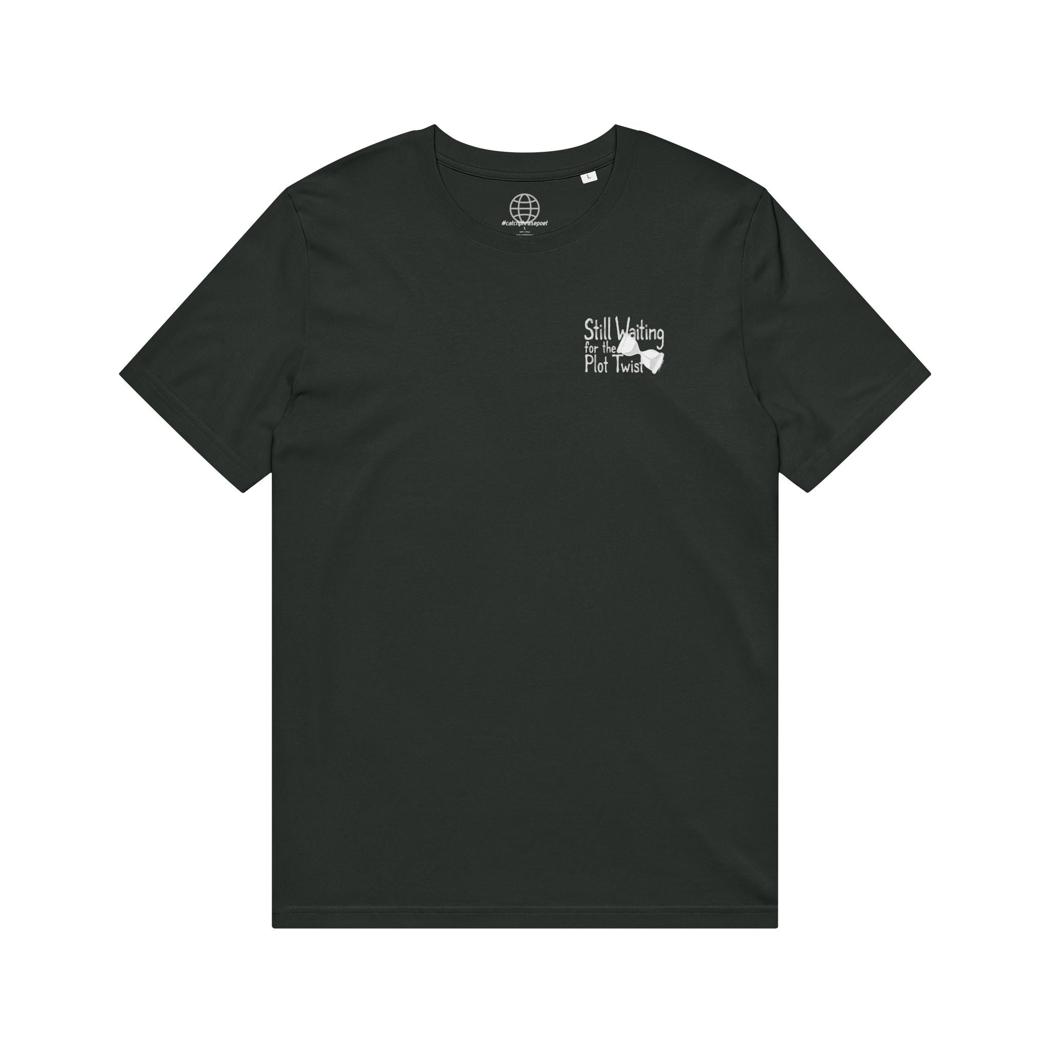 Black t-shirt with 'Still waiting for the plot twist' text and arrow graphic on the front chest.