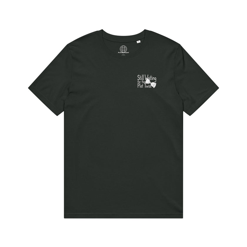 Black t-shirt with 'Still waiting for the plot twist' text and arrow graphic on the front chest.
