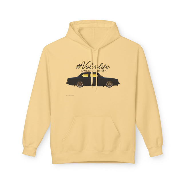 Beige hoodie with vintage car graphic and #Volvolife Swedish Brick text on chest