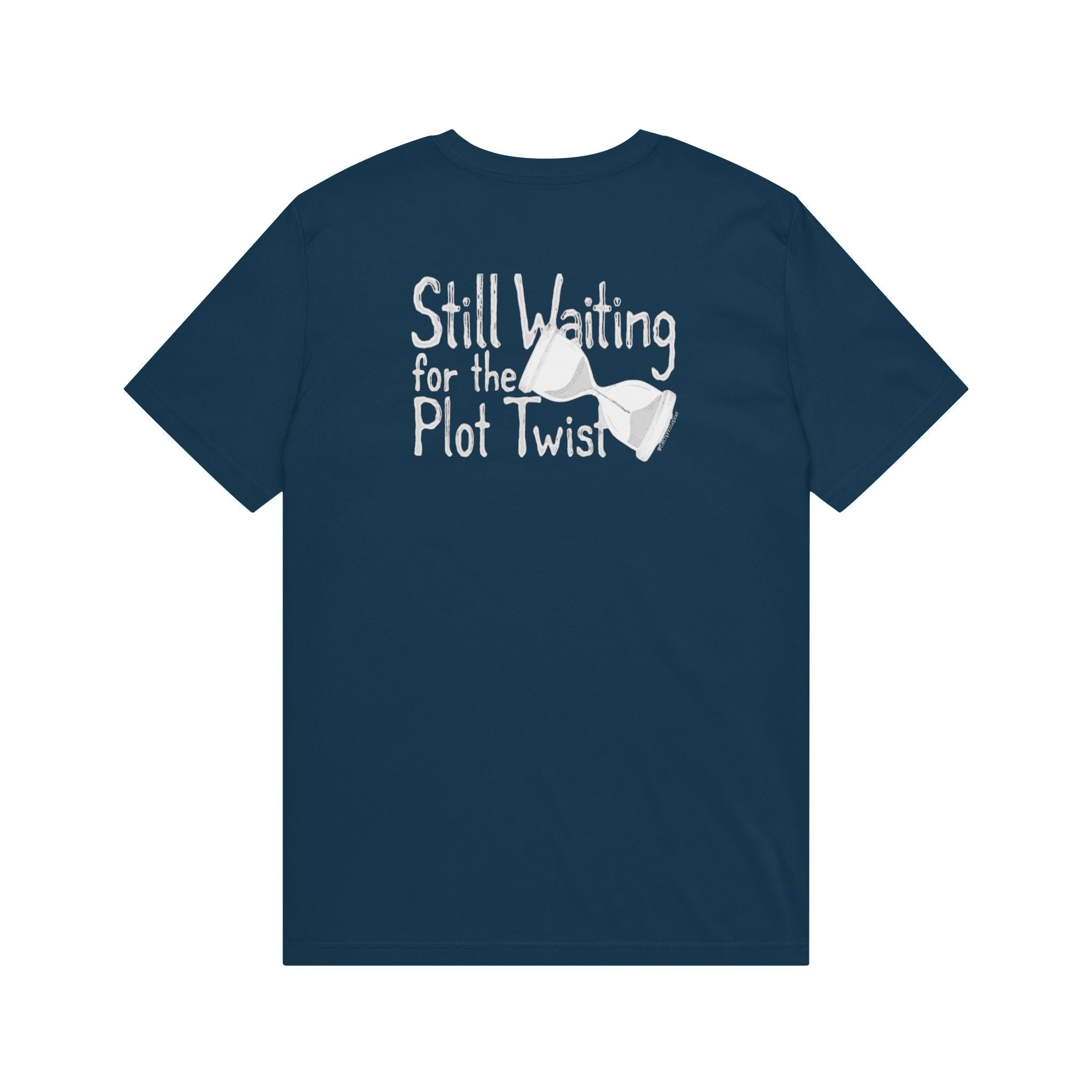 Navy blue t-shirt with 'Still Waiting for the Plot Twist' and sunglasses graphic on back