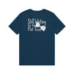 Navy blue t-shirt with 'Still Waiting for the Plot Twist' and sunglasses graphic on back