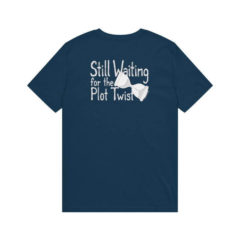 Navy blue t-shirt with 'Still Waiting for the Plot Twist' and sunglasses graphic on back