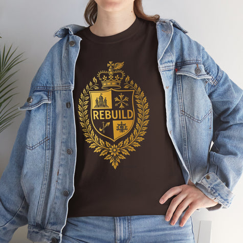 Woman in denim jacket wearing black t-shirt with gold REBUILD crest graphic, casual fashion