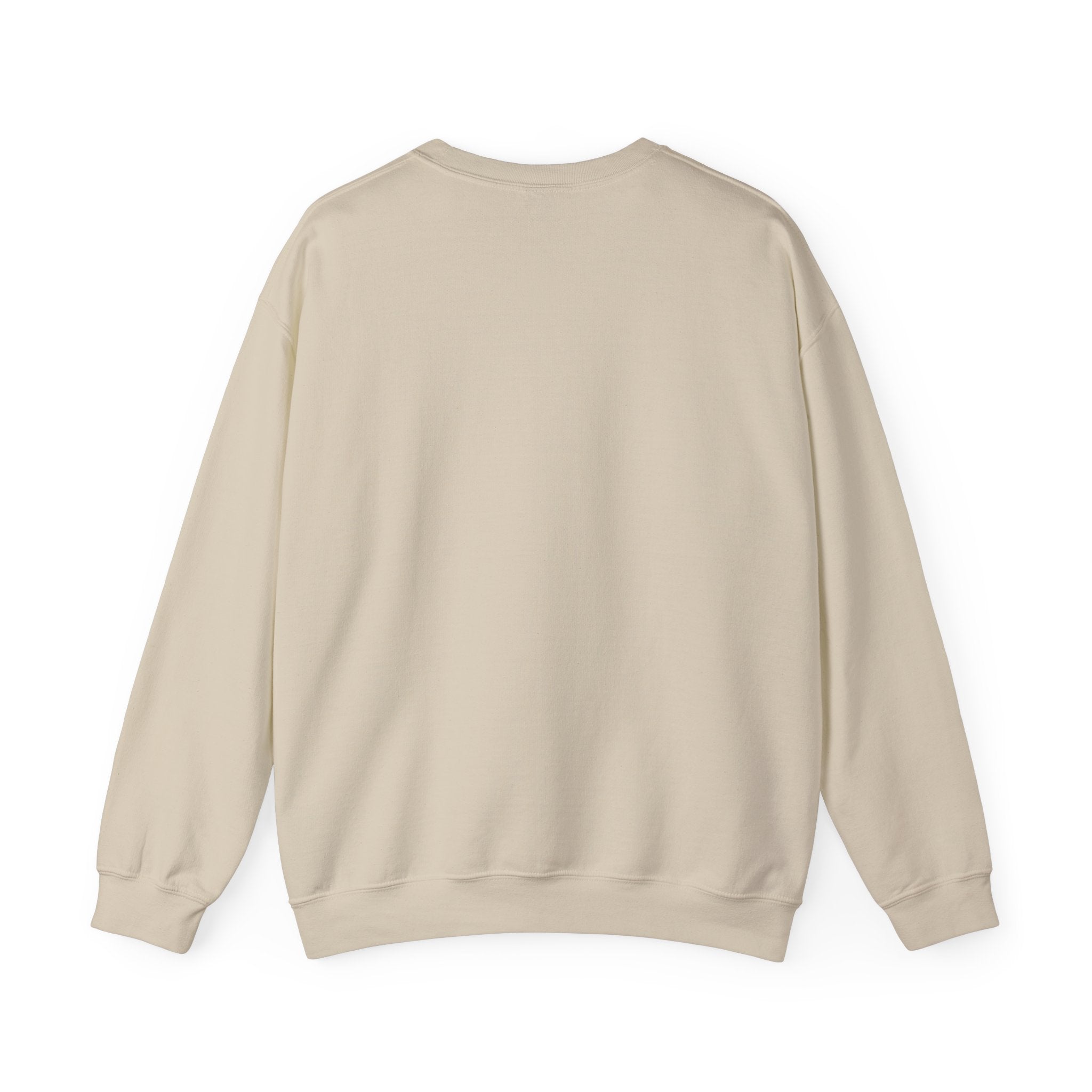 Back view of a plain beige crewneck sweatshirt with long sleeves on white background