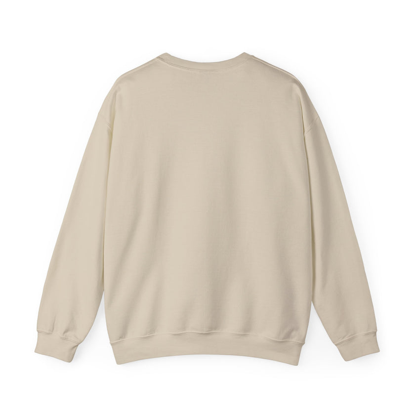 Back view of a plain beige crewneck sweatshirt with long sleeves on white background
