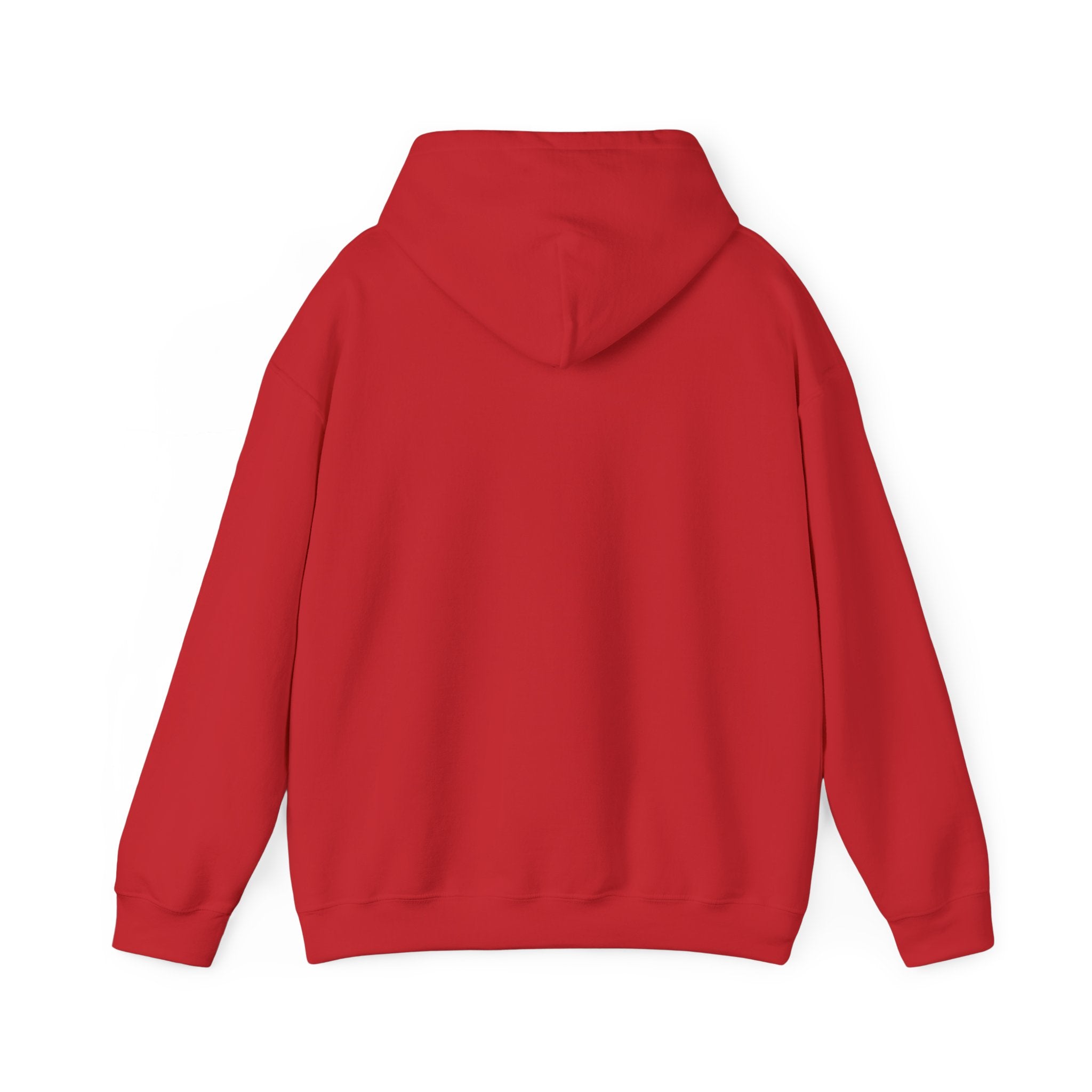 Back view of plain red hoodie with hood and long sleeves on white background
