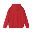 Back view of plain red hoodie with hood and long sleeves on white background
