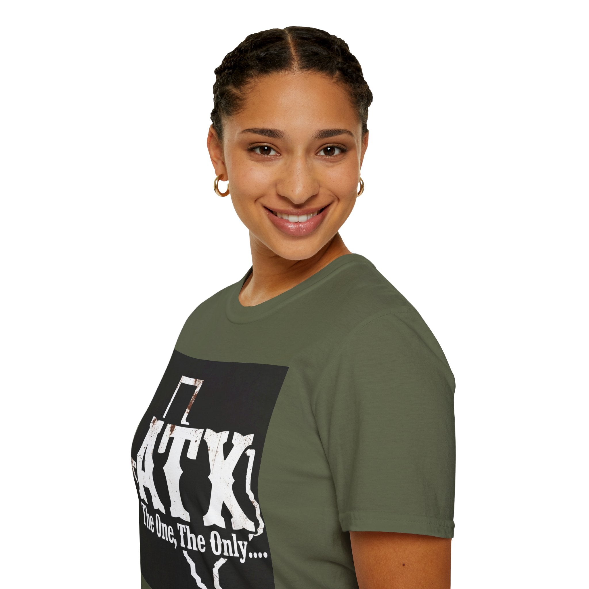 Smiling woman wearing olive green ATX graphic t-shirt with bold lettering