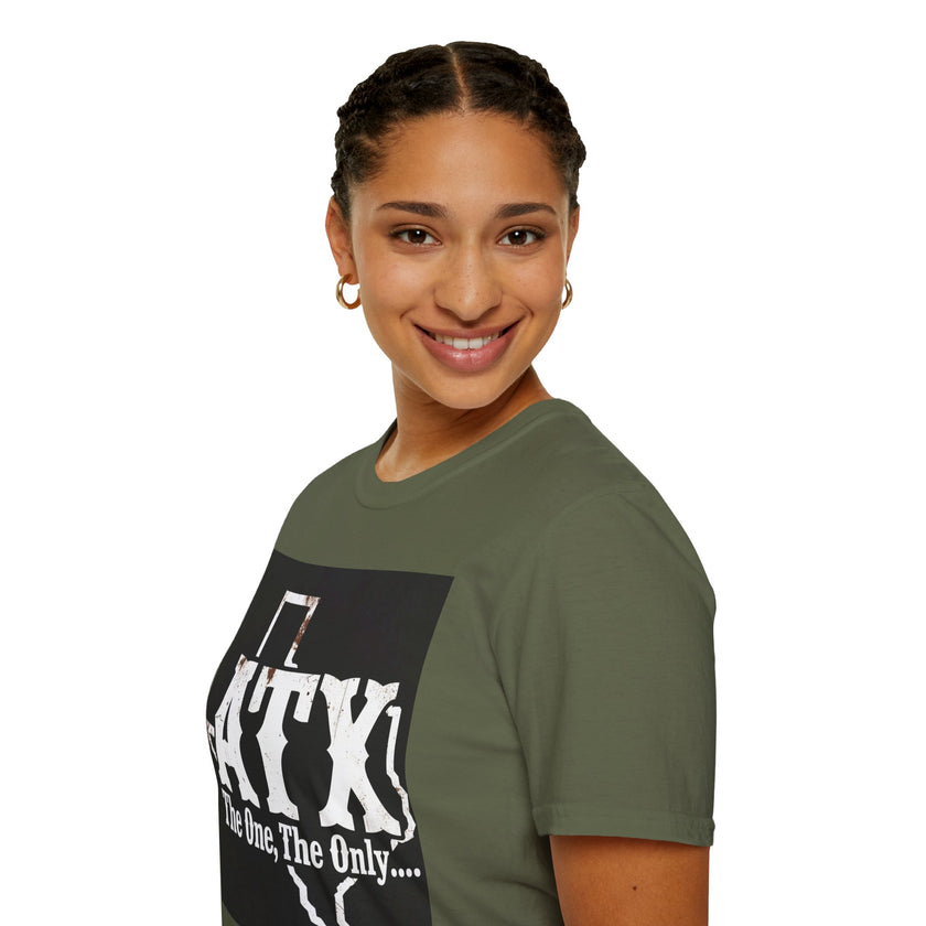 Smiling woman wearing olive green ATX graphic t-shirt with bold lettering