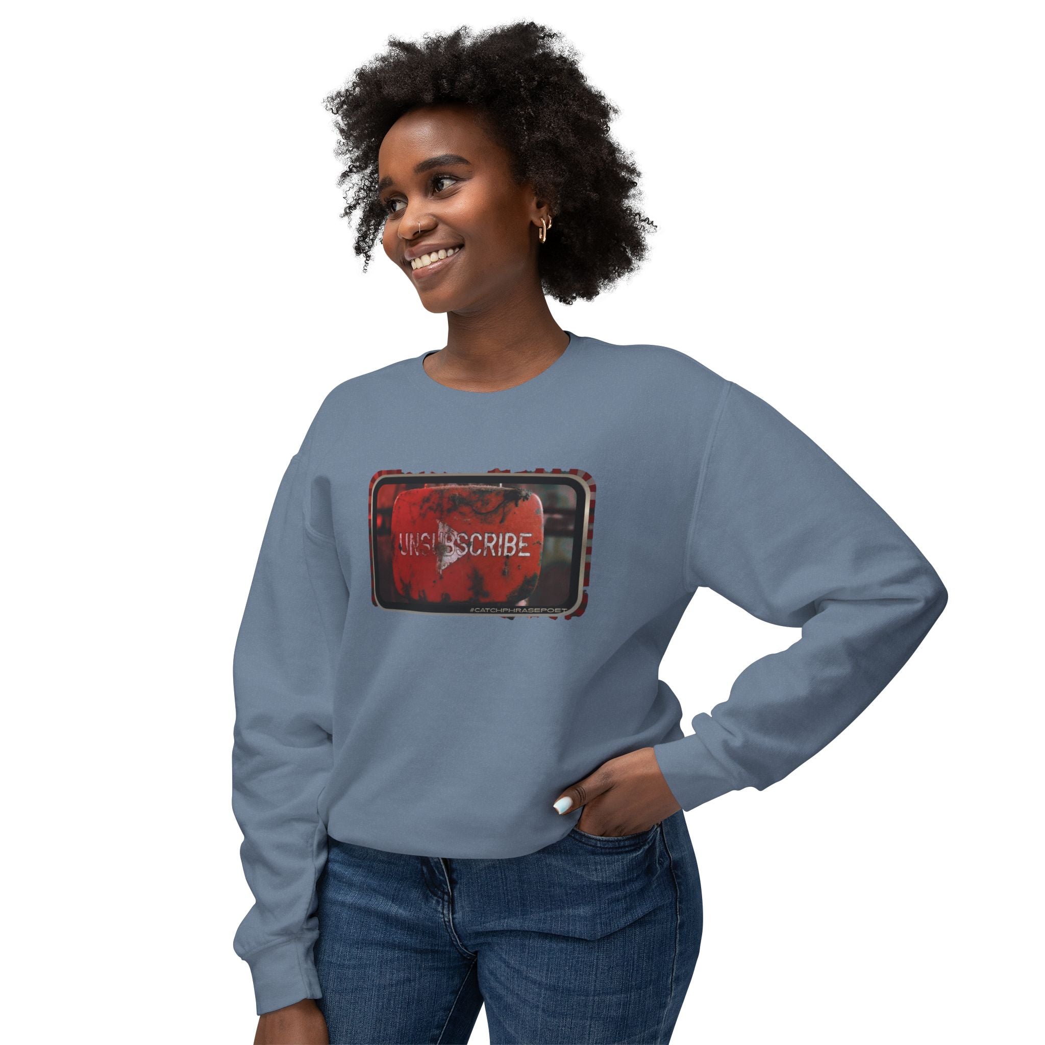 Unsubscribe Distressed Premium Crewneck Sweatshirt — Red 'Unsubscribe' Quote