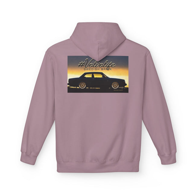 Mauve hoodie with vintage car and '#Volvolife Swedish Brick' graphic on back