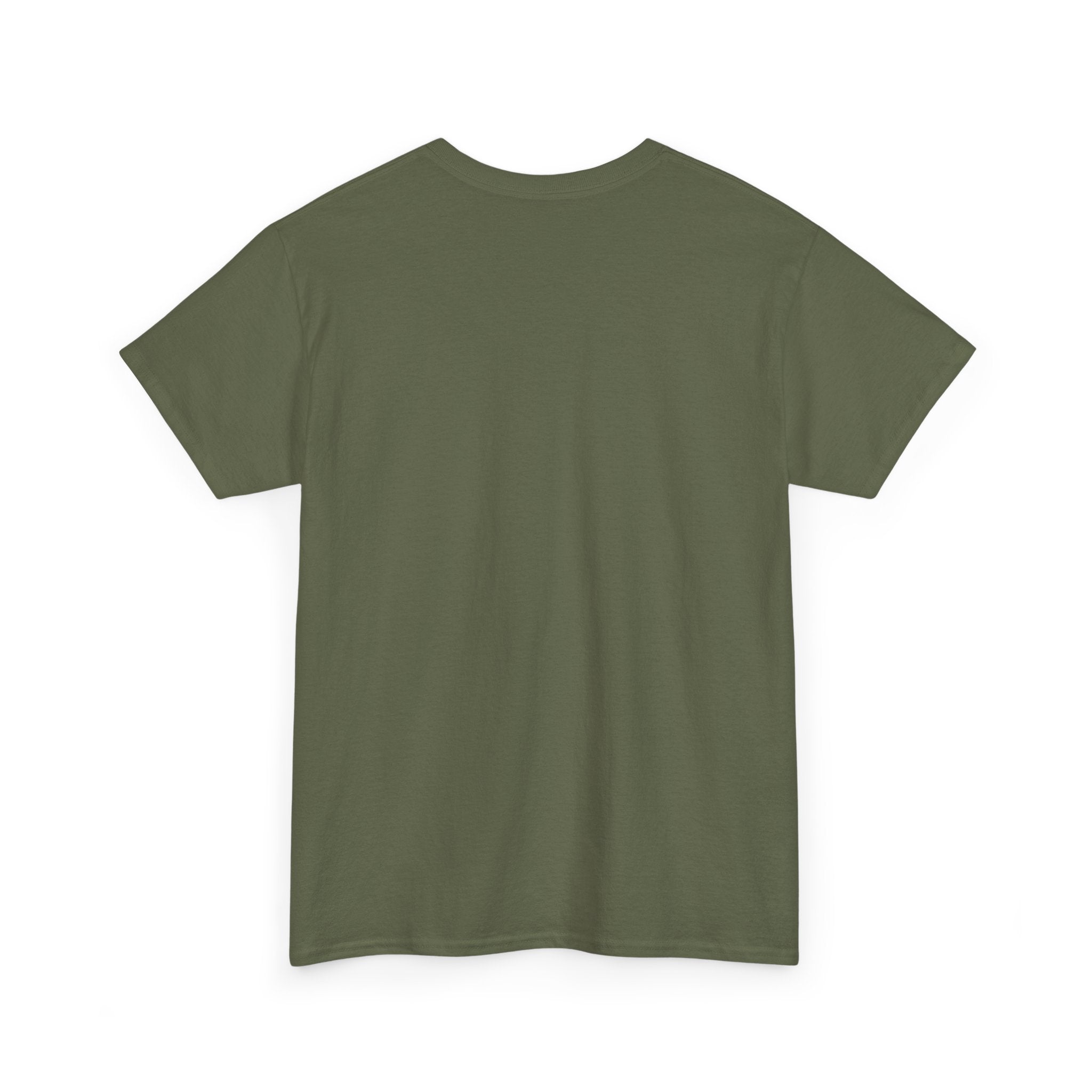 Olive green short sleeve cotton t-shirt, flat lay, plain back view