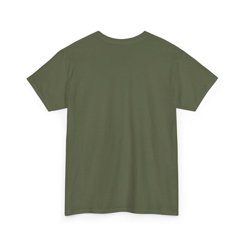 Olive green short sleeve cotton t-shirt, flat lay, plain back view