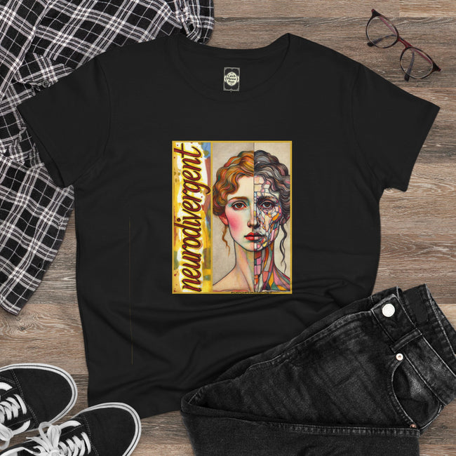 Black neurodivergent graphic tee with artistic split-face portrait, styled with jeans
