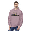 Man wearing mauve hoodie with #Volvolife Swedish Brick car graphic, casual fashion style
