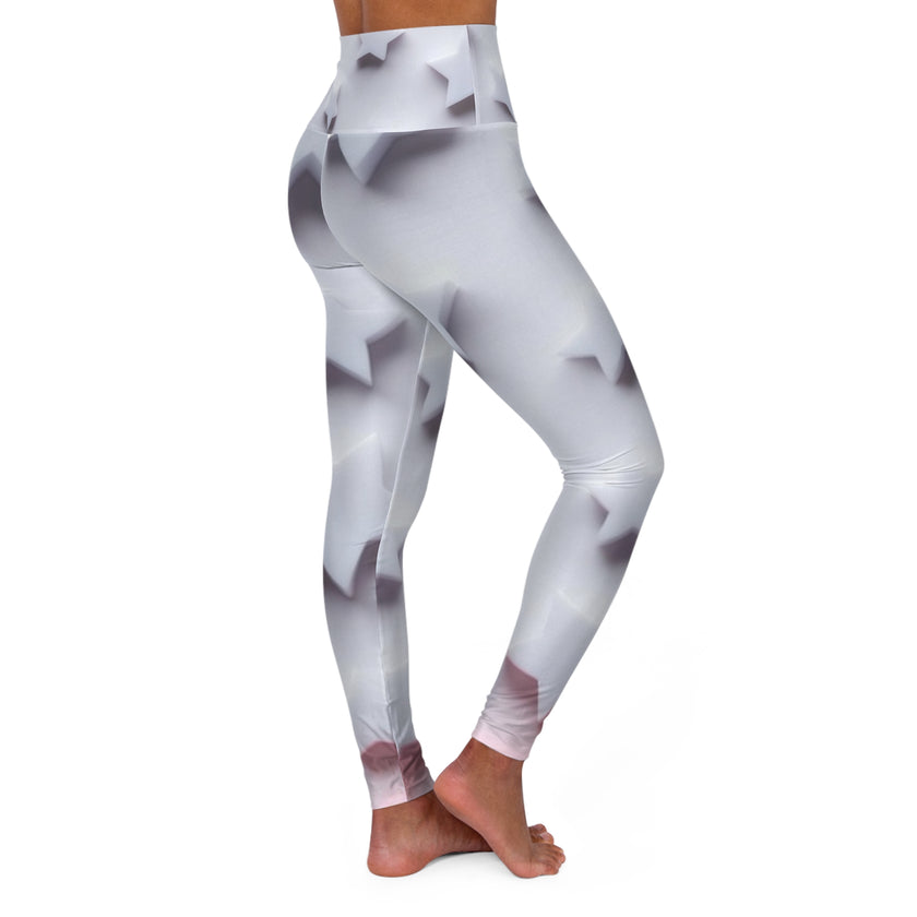 Woman wearing high-waisted leggings with geometric abstract pattern, side view