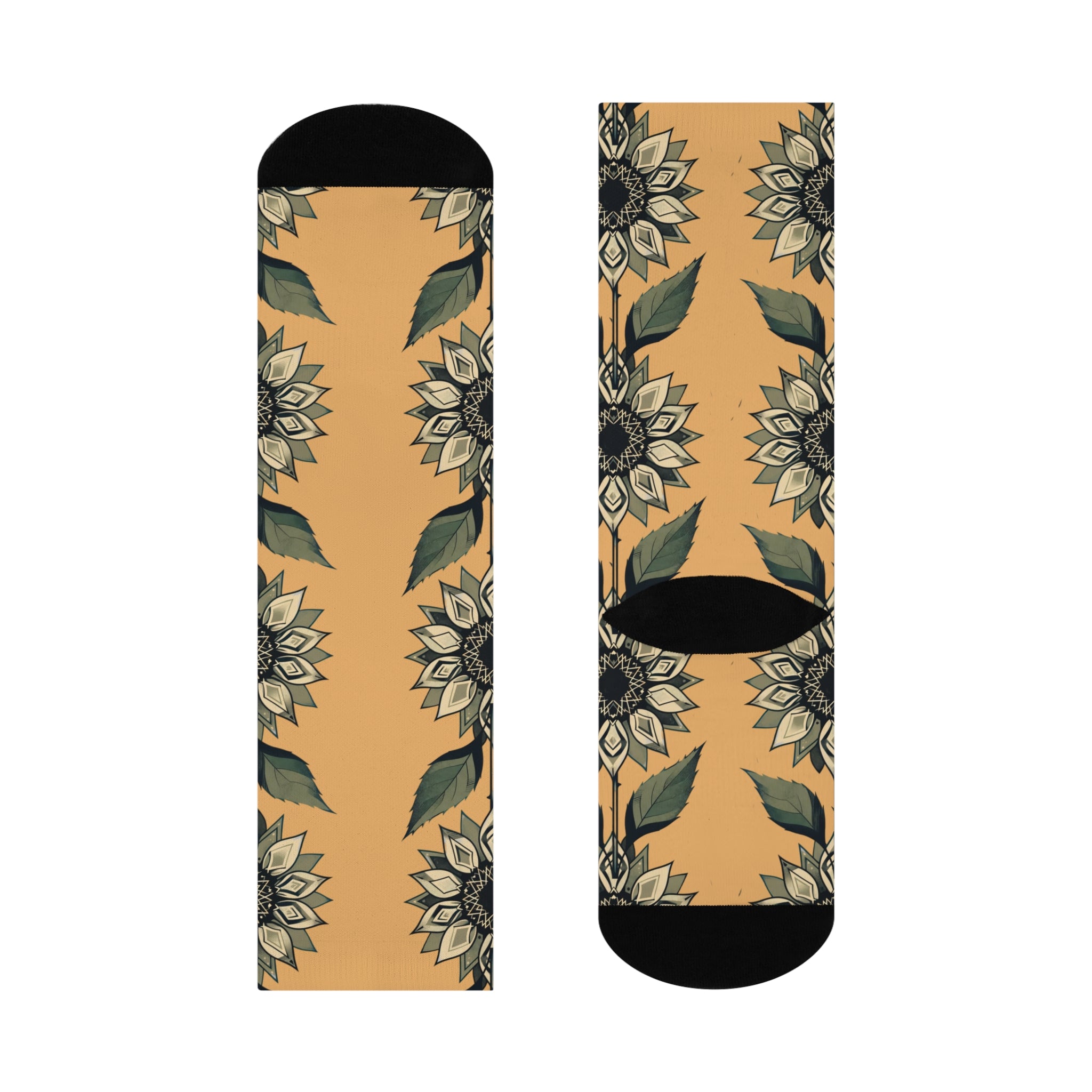 Vintage Sunflower Vine Cushioned Crew Socks | Floral Botanical Pattern