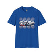 Blue t-shirt with abstract graphic featuring cars in circular geometric shapes, racing style.