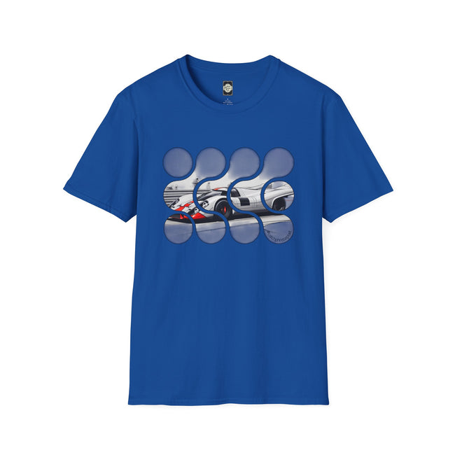 Blue t-shirt with abstract graphic featuring cars in circular geometric shapes, racing style.