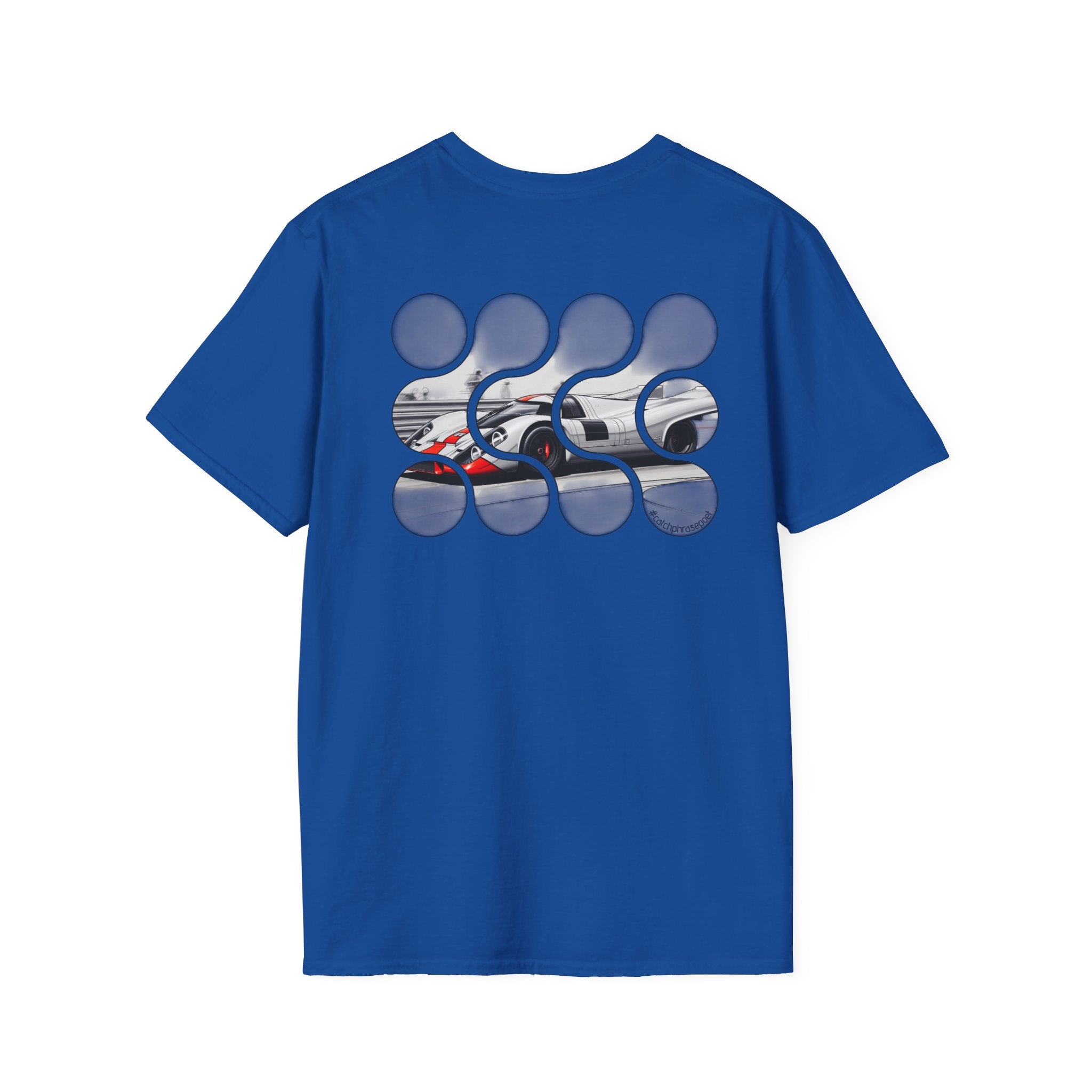 Blue t-shirt with abstract graphic featuring a white race car and creative circular patterns