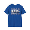 Blue t-shirt with abstract graphic featuring a white race car and creative circular patterns