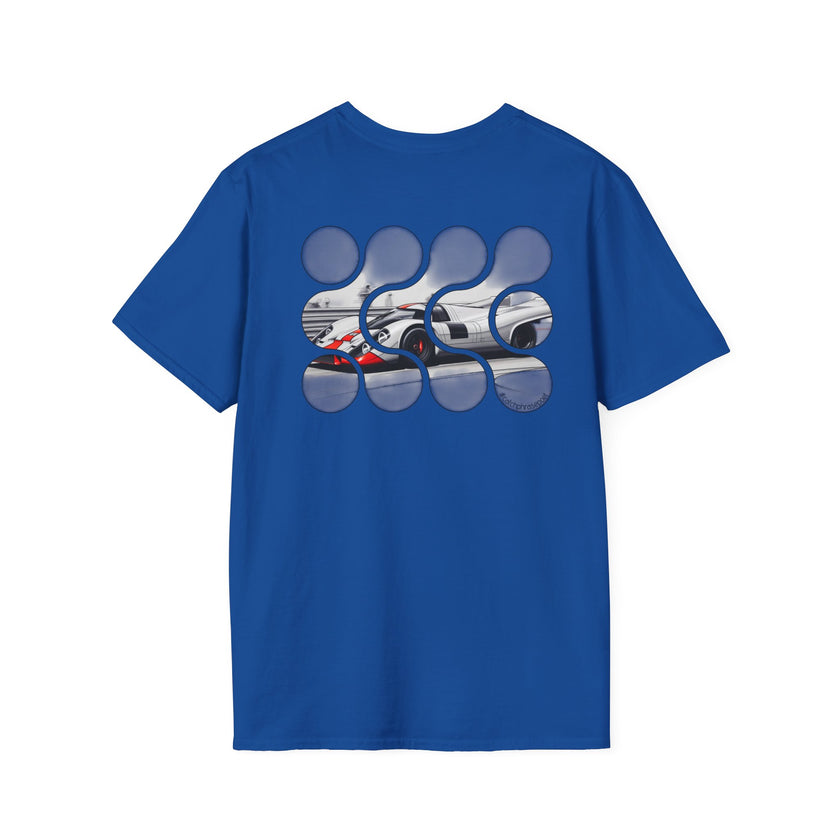 Blue t-shirt with abstract graphic featuring a white race car and creative circular patterns