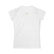 White women's t-shirt, small minimalist graphic on upper back, blank tee apparel