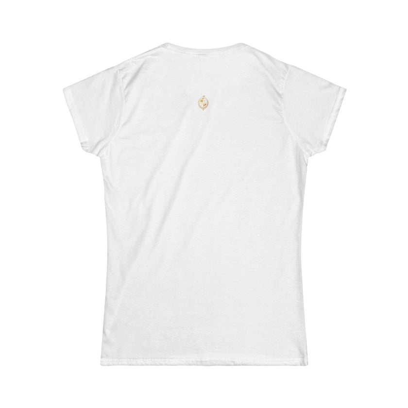 White women's t-shirt, small minimalist graphic on upper back, blank tee apparel