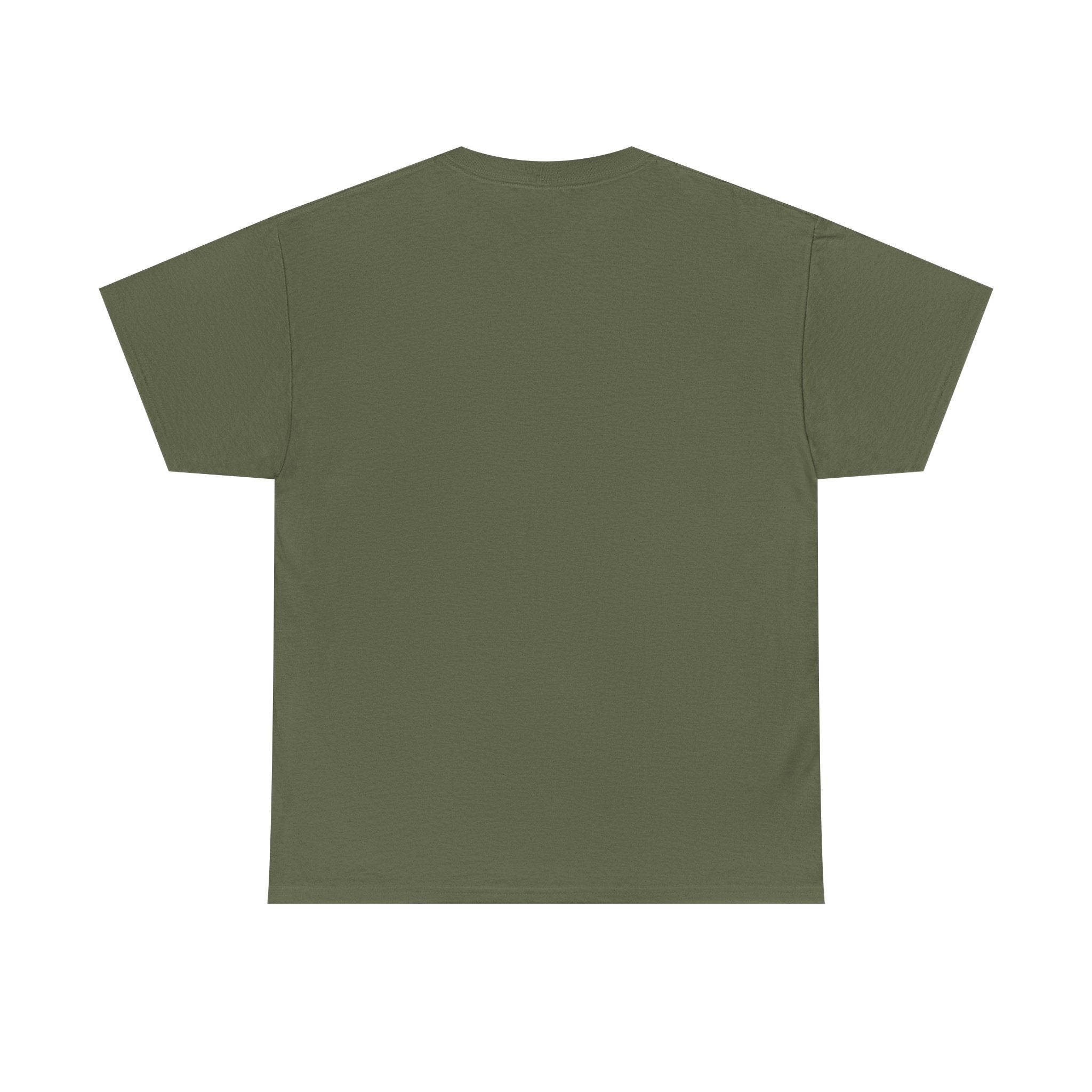 Plain olive green unisex t-shirt with short sleeves, back view