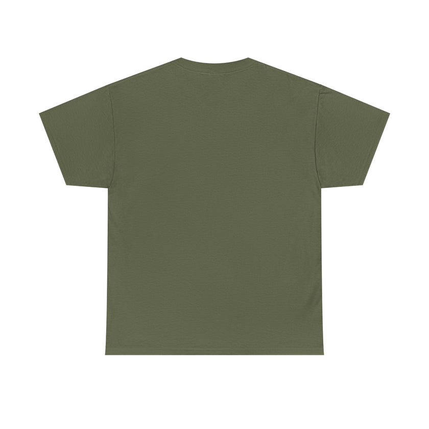 Plain olive green unisex t-shirt with short sleeves, back view