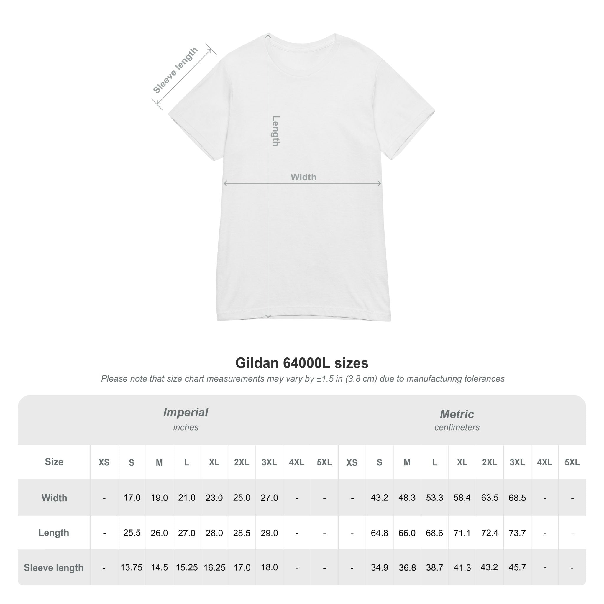 Gildan 64000L size chart with t-shirt measurement guide and dimensions in inches and centimeters.