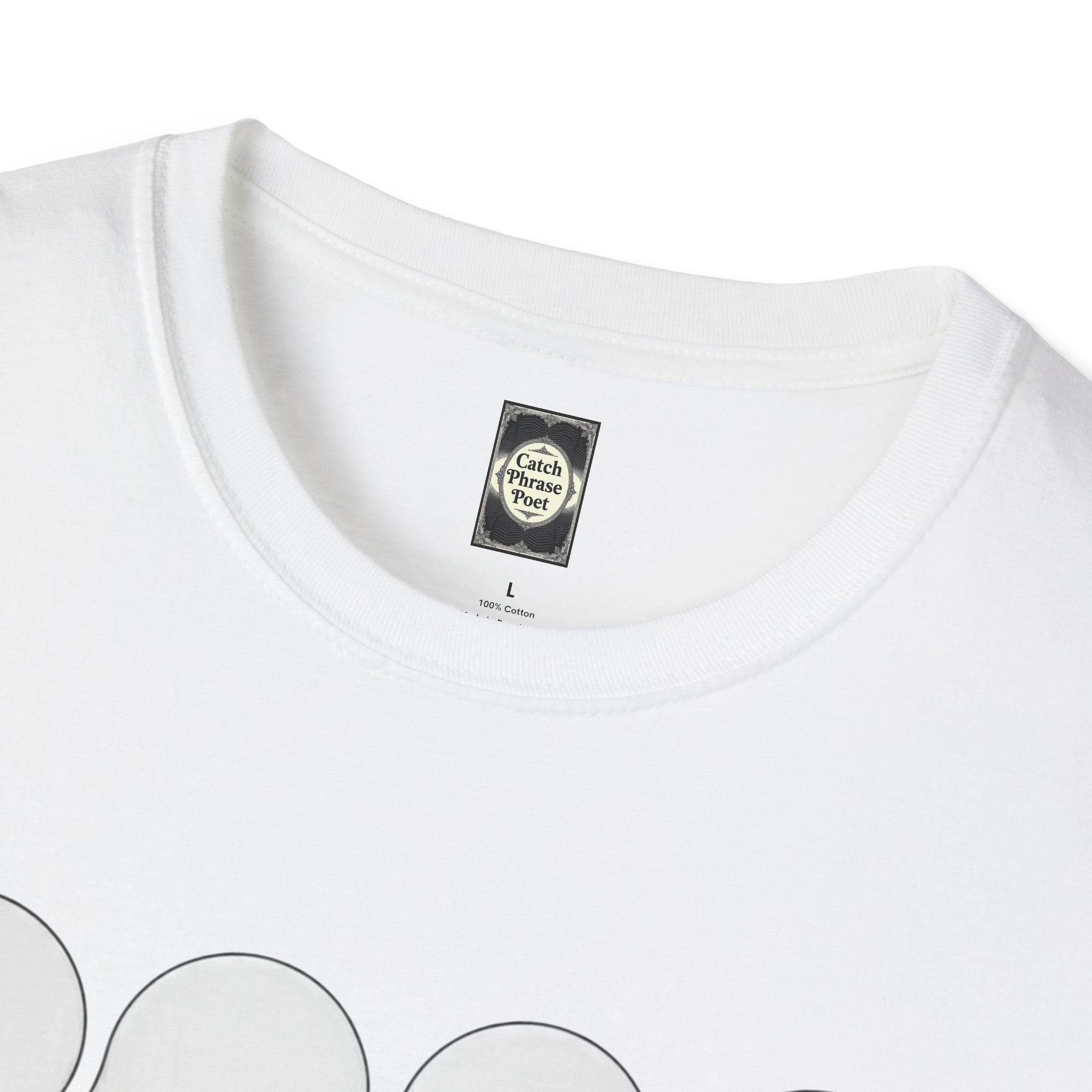 White cotton t-shirt with Catch Phrase Poet neck label and minimalist circle graphic