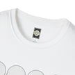 White cotton t-shirt with Catch Phrase Poet neck label and minimalist circle graphic