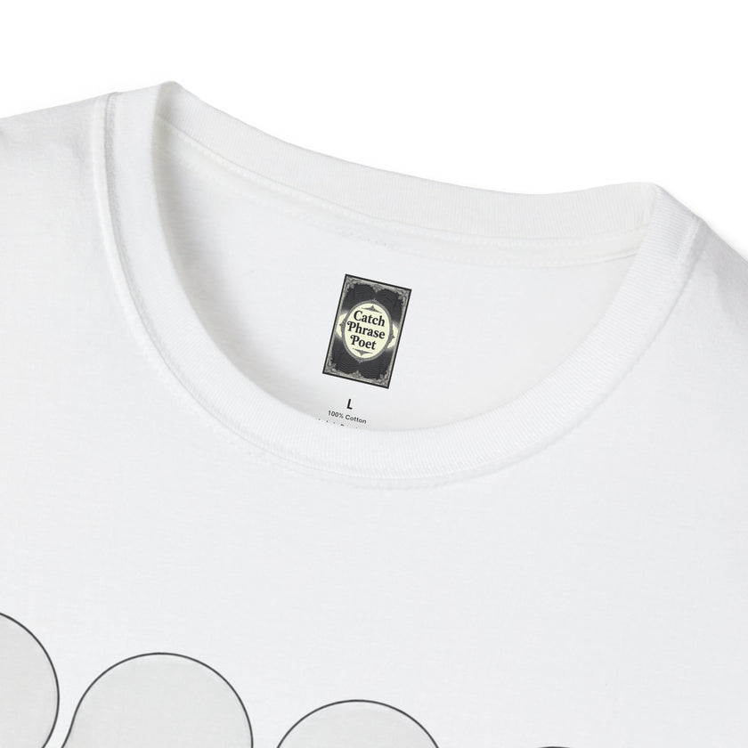 White cotton t-shirt with Catch Phrase Poet neck label and minimalist circle graphic
