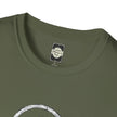 Olive green cotton t-shirt closeup with Catch Phrase Poet label in collar