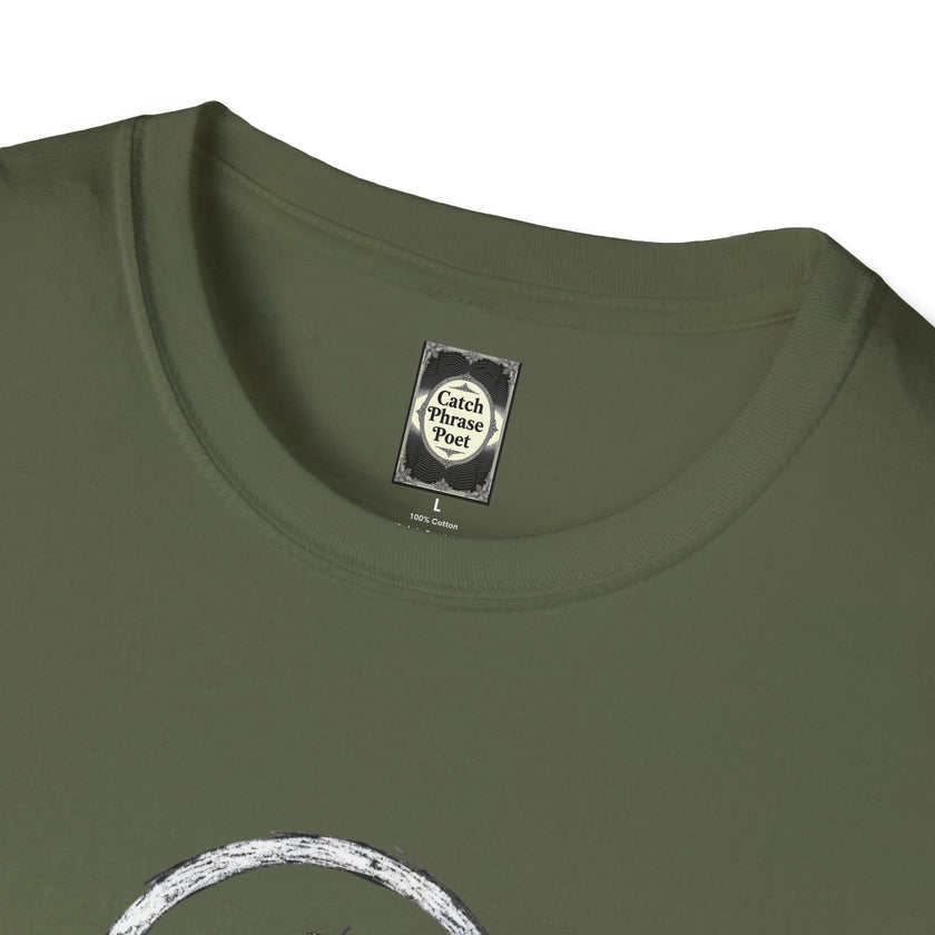 Olive green cotton t-shirt closeup with Catch Phrase Poet label in collar