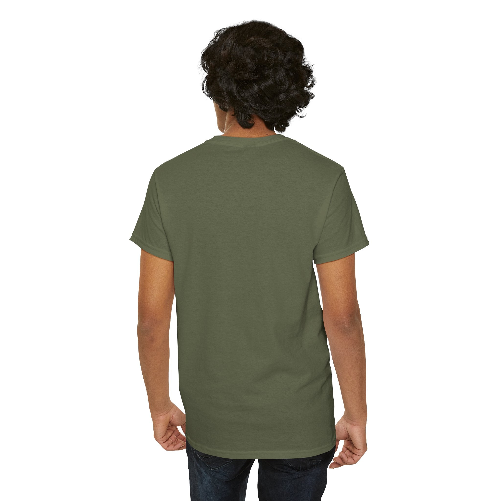 Back view of person wearing olive green short-sleeve t-shirt and dark jeans